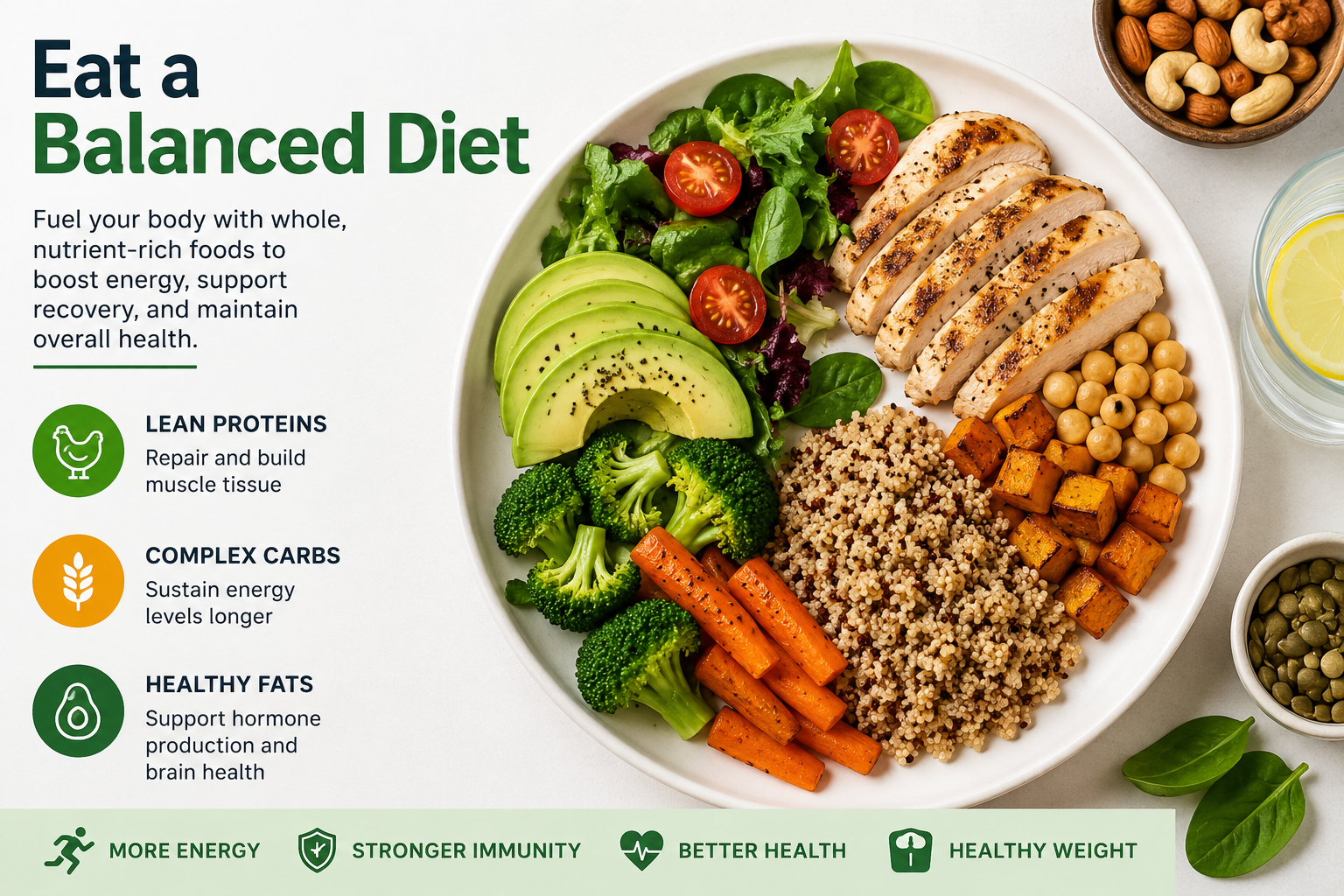 Healthy balanced diet plate with lean protein, whole grains, vegetables, and healthy fats to stay active and fit.