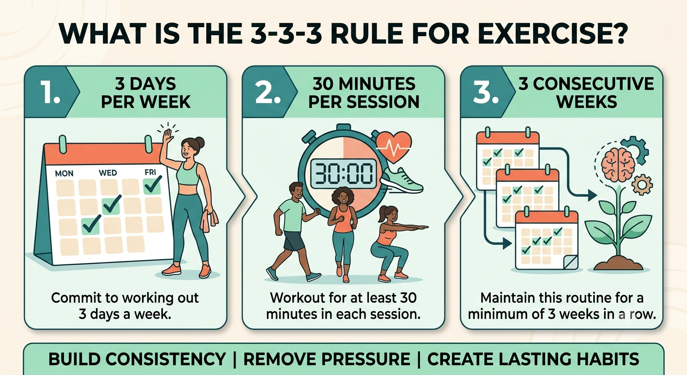 Vertical infographic illustrating the 3-3-3 Exercise Rule to help you stay active and fit. It outlines three simple steps: work out three days per week, exercise for 30 minutes per session, and maintain this routine for three consecutive weeks. The bottom text reads: "BUILD CONSISTENCY | REMOVE PRESSURE | CREATE LASTING HABITS".