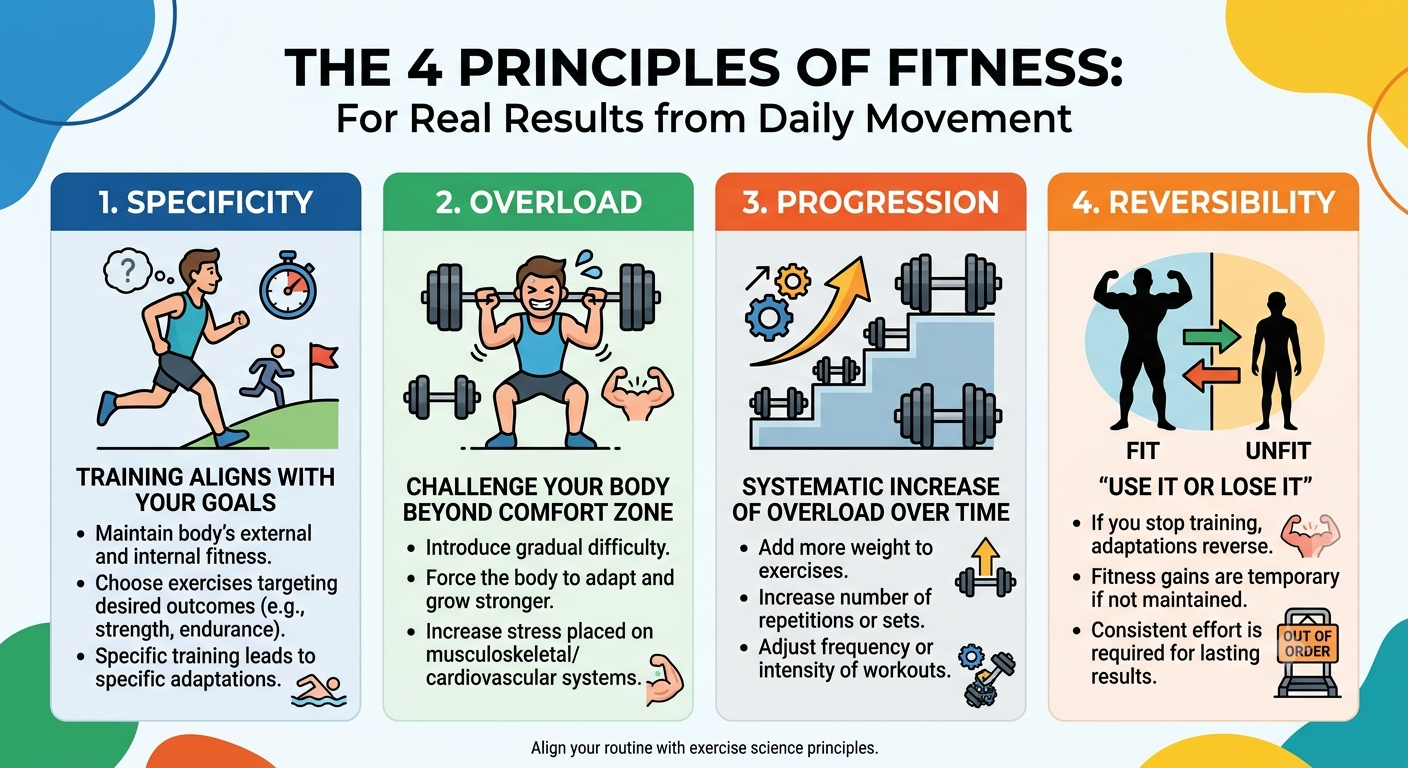 Vertical infographic titled "The 4 Principles of Fitness" explaining how to stay active and fit by illustrating the four key principles: Specificity, Overload, Progression, and Reversibility, using character icons and brief descriptions.